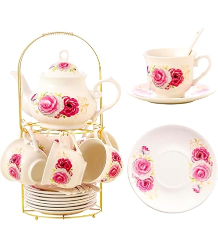 pinktea  Amazon.com: ZXXDSGHUS Pink Bottom Rose Hado Tea Set Cup